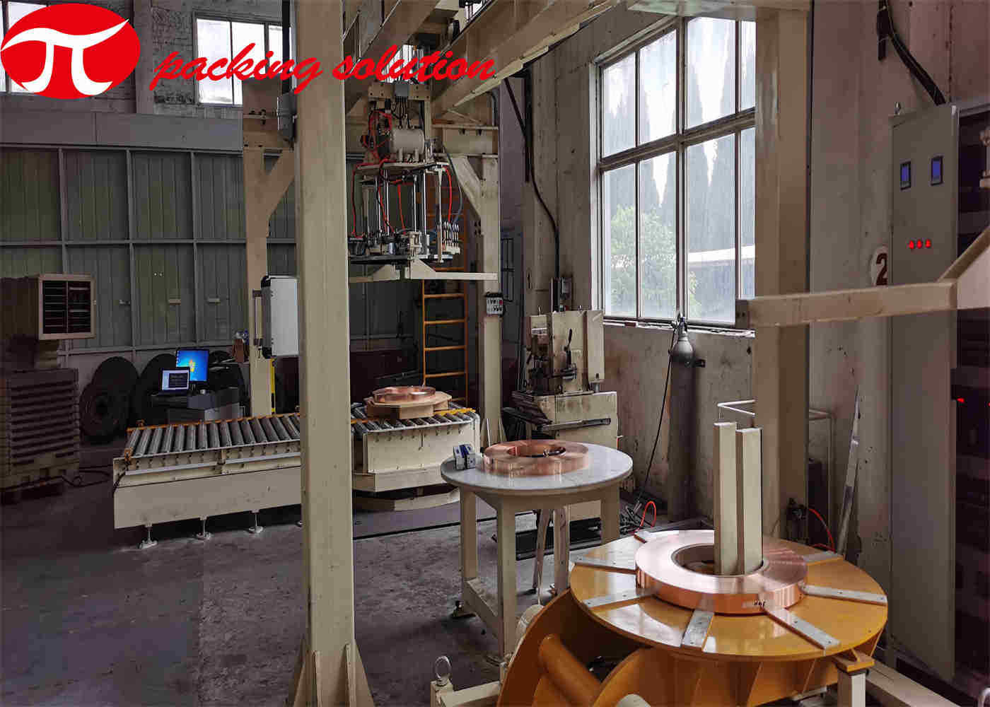 Customized Automatic Copper Coil Packing Line OD 600mm-1200mm Electric Driven And Stacking System